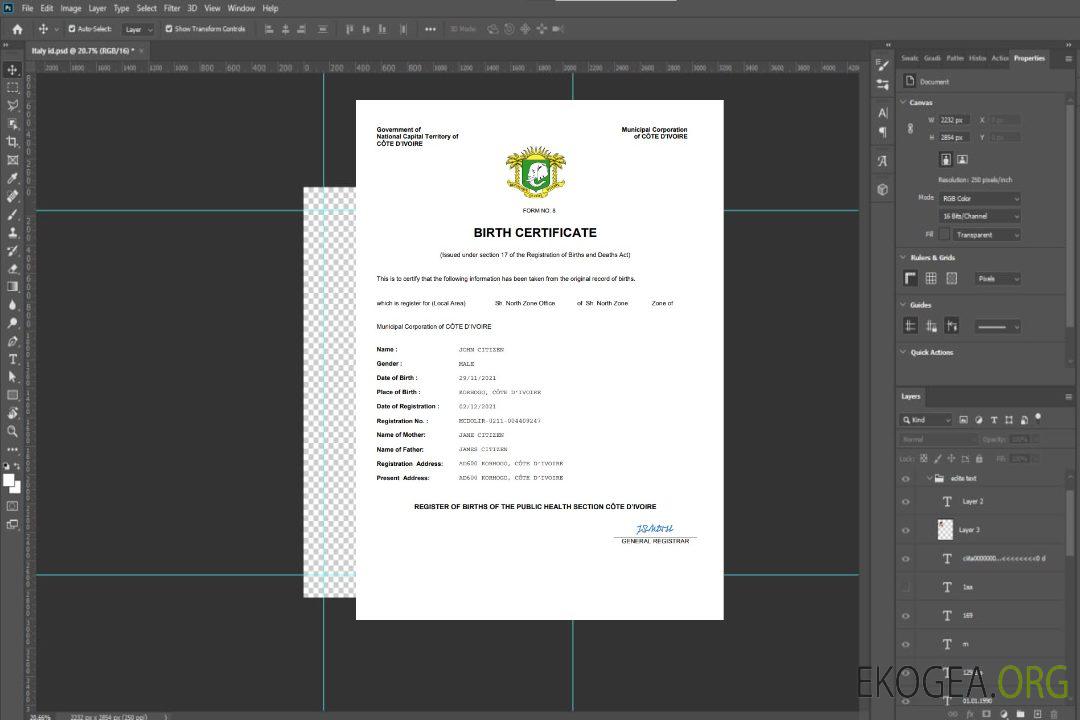 Modèle Word et PDF d'acte de naissance d'acte d'état civil de Côte d'Ivoire template